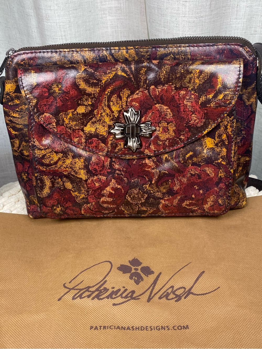 Patricia Nash Retired Salina Crossbody Bag “Golden Rustic Forest” Floral Leather